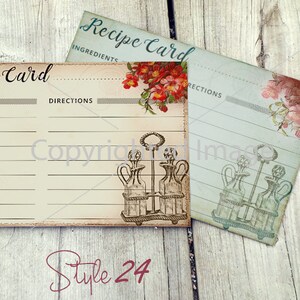 May include: Two vintage recipe cards with floral designs and a decorative bottle holder illustration. The cards have lined sections for ingredients and directions. The text on the cards reads "Recipe Card".