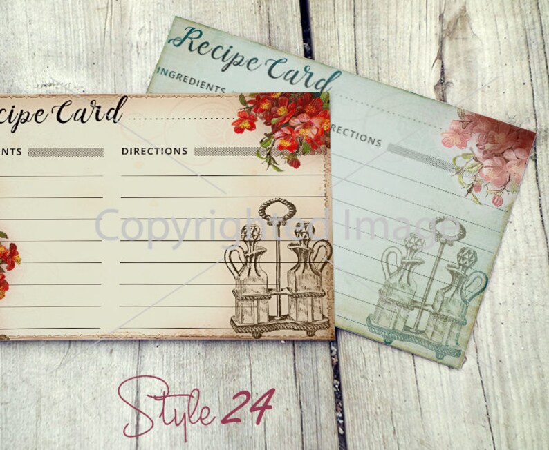May include: Two vintage recipe cards with floral designs and a decorative bottle holder illustration. The cards have lined sections for ingredients and directions. The text on the cards reads "Recipe Card".