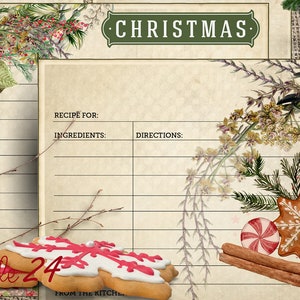 May include: A printable Christmas recipe card with a vintage design. The card features a green banner with the word "CHRISTMAS" in white text. The card is decorated with a red poinsettia, pine branches, cinnamon sticks, candy canes, and gingerbread cookies. The card has lines for writing the recipe name, ingredients, and directions.
