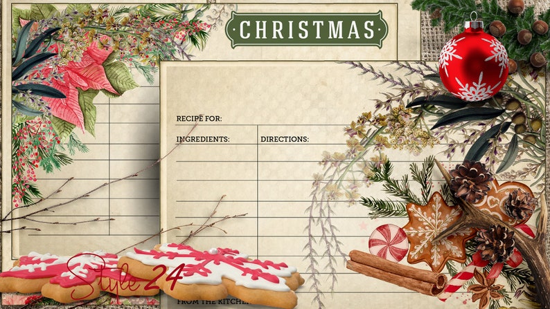 May include: A printable Christmas recipe card with a vintage design. The card features a green banner with the word "CHRISTMAS" in white text. The card is decorated with a red poinsettia, pine branches, cinnamon sticks, candy canes, and gingerbread cookies. The card has lines for writing the recipe name, ingredients, and directions.