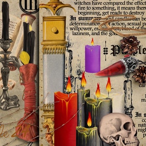 May include: A vintage style illustration of candles and other magical objects. The image includes a purple candle, a red candle, a black candle, a silver candlestick, a red and gold crystal, and a skull. The text in the image reads "In summary - Purple candles can be used for communication, intuition, night vision, and power."