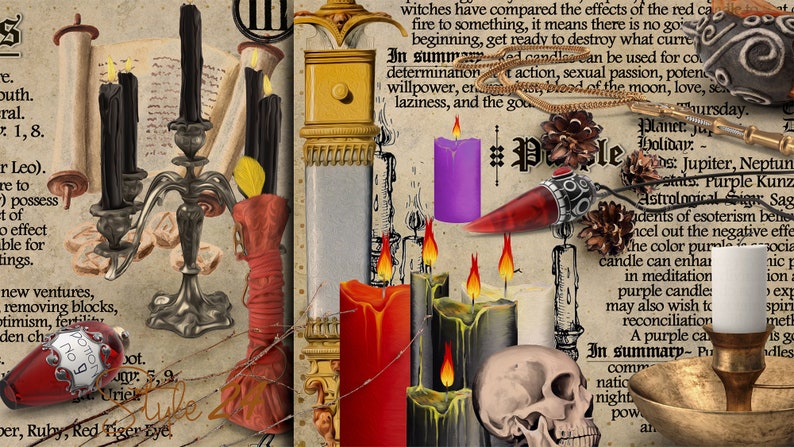 May include: A vintage style illustration of candles and other magical objects. The image includes a purple candle, a red candle, a black candle, a silver candlestick, a red and gold crystal, and a skull. The text in the image reads "In summary - Purple candles can be used for communication, intuition, night vision, and power."