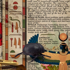 May include: A digital collage featuring an illustration of the Egyptian goddess Isis with outstretched wings, a scarab beetle, and red poppies. The background includes text about the goddess's associations, spells, animals, and epithets.