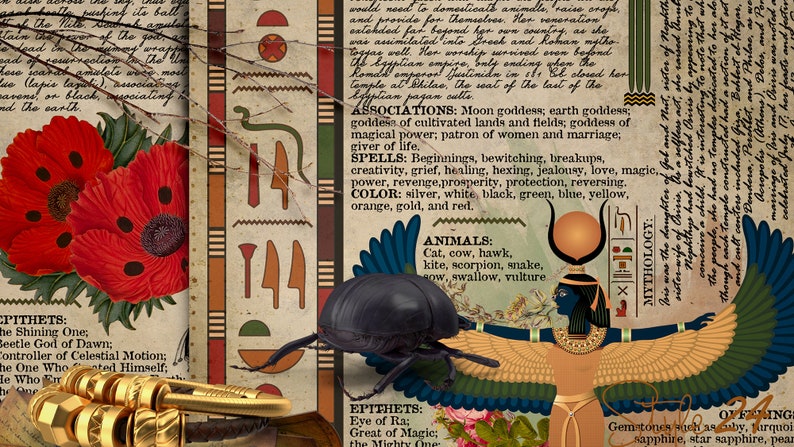 May include: A digital collage featuring an illustration of the Egyptian goddess Isis with outstretched wings, a scarab beetle, and red poppies. The background includes text about the goddess's associations, spells, animals, and epithets.