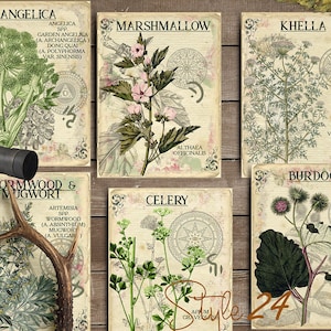 Vol 1 Herbal Index, Double Sided Scrapbook Ephemera 3x4 Journaling Cards, Digital Collage,printable Apothecary, Medicinal Herbal, Herbarium image 3