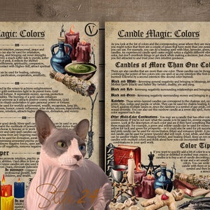 May include: A vintage style illustrated guide to candle magic, featuring a list of candle colors and their associated meanings. The guide includes information on using multiple colors and color combinations for specific intentions. The text includes the words "Candle Magic: Colors" and "Candles of More Than One Color".