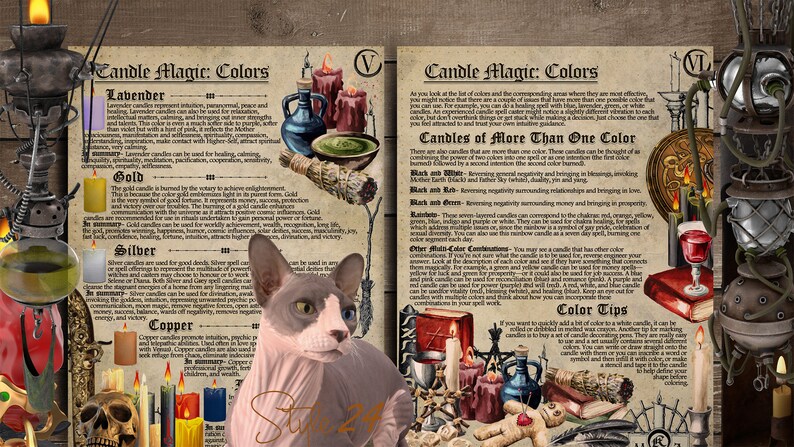 May include: A vintage style illustrated guide to candle magic, featuring a list of candle colors and their associated meanings. The guide includes information on using multiple colors and color combinations for specific intentions. The text includes the words "Candle Magic: Colors" and "Candles of More Than One Color".
