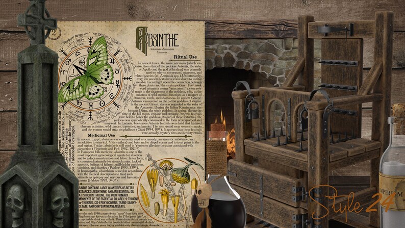 May include: A vintage, illustrated poster with a green butterfly and text about absinthe, a green liqueur. The poster is framed and hanging on a wooden wall. The image also includes a wooden torture chair, a bottle of liquid, and a skull-shaped bottle stopper.
