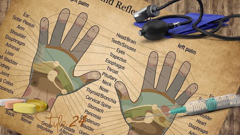 Puede incluir: Un gr&aacute;fico de estilo vintage que muestra los puntos de reflexolog&iacute;a de la mano con etiquetas para diferentes partes del cuerpo. El gr&aacute;fico muestra dos manos, una etiquetada como "palma derecha" y la otra como "palma izquierda". El gr&aacute;fico est&aacute; sobre una superficie de madera con un brazalete de presi&oacute;n arterial y una jeringa.