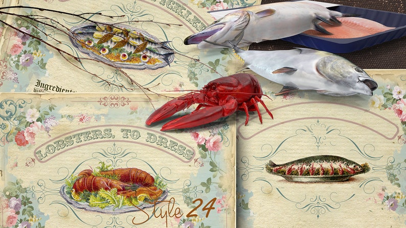 Antique Recipe Cards Digital Collage Sheet Country Kitchen Decor Journal Cards Printable Ephemera Fish Set Vintage Cookbook DIY gift