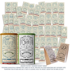 Etiquetas para especias Grandma's Secrets: juego de 50, prediseñadas en 2 tamaños y 3 colores, perfectas para tarros de especias, bolsas de regalo y organización de cocina