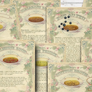 Printable Ephemera Soup Set, Vintage Cookbook, Journal Cards, Antique Recipe Cards, Country Kitchen Decor, Digital Collage Sheet, DIY gift