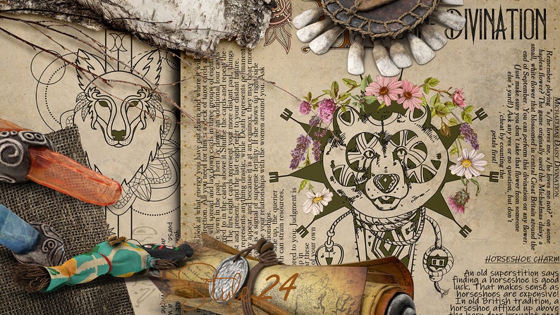 May include: A vintage-style illustration of a wolf's head surrounded by flowers and text. The text reads "CIVINATION" and "MICHARIMAS DAISY DIVINATION".