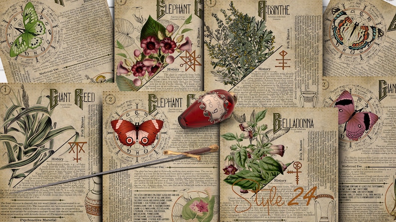 May include: A collection of vintage botanical illustrations featuring various plants and insects. Each illustration includes the plant's common name, folk name, and a brief history. The illustrations are printed on a parchment-like background with a vintage aesthetic.