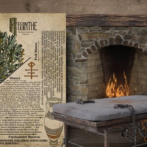 May include: A vintage illustration of the herb absinthe, with a description of its history and folk names. The image is set against a rustic background with a fireplace, a metal table, and a decorative incense burner.