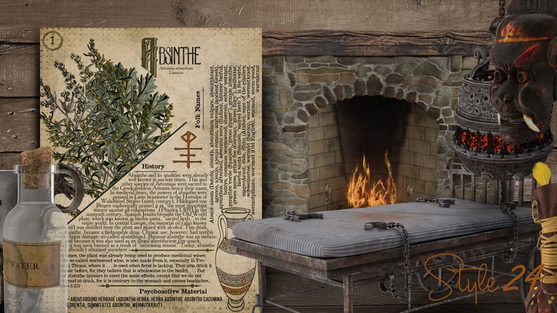May include: A vintage illustration of the herb absinthe, with a description of its history and folk names. The image is set against a rustic background with a fireplace, a metal table, and a decorative incense burner.