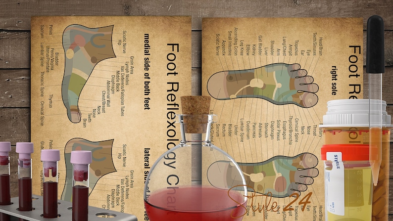 Puede incluir: Una ilustraci&oacute;n de estilo vintage del gr&aacute;fico de reflexolog&iacute;a podal, que muestra las &aacute;reas del pie que corresponden a diferentes partes del cuerpo. El gr&aacute;fico est&aacute; impreso en un fondo de papel marr&oacute;n e incluye etiquetas para cada &aacute;rea del pie. El gr&aacute;fico est&aacute; rodeado de varios suministros m&eacute;dicos, incluidos tubos de ensayo, una botella de vidrio y una botella gotero.