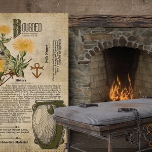May include: A vintage botanical illustration of a plant with yellow flowers, labeled "BOUGIED" and "History". The illustration is on a cream-colored paper with a brown border. The image also includes a wooden table with a metal frame, a fireplace with a fire burning inside, and a metal incense burner with a black mask.