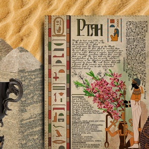 May include: A vintage-style poster with an illustration of the Egyptian god Ptah. The poster features hieroglyphs, a depiction of Ptah, and text describing his attributes, including "The Ancient One", "Lord of Truth", and "He Who Created the Two Lands".