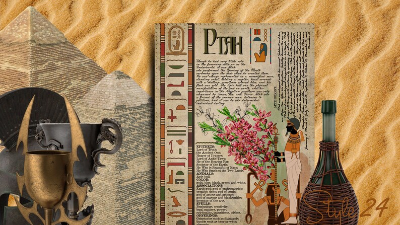 May include: A vintage-style poster with an illustration of the Egyptian god Ptah. The poster features hieroglyphs, a depiction of Ptah, and text describing his attributes, including "The Ancient One", "Lord of Truth", and "He Who Created the Two Lands".