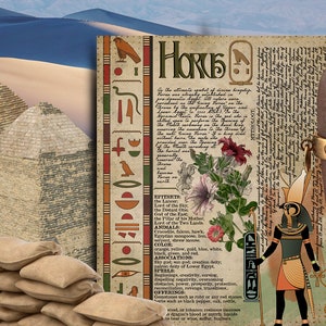 May include: A vintage style illustration of the Egyptian god Horus with hieroglyphics, a pyramid, sandbags, and a brown clay bottle with a gold band.