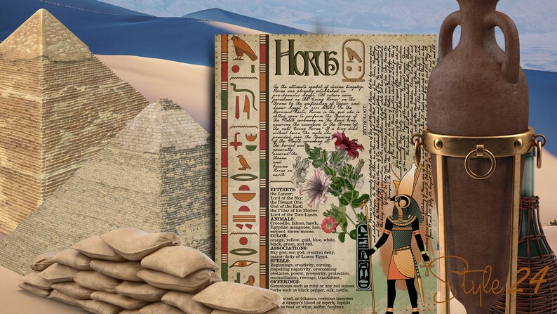 May include: A vintage style illustration of the Egyptian god Horus with hieroglyphics, a pyramid, sandbags, and a brown clay bottle with a gold band.