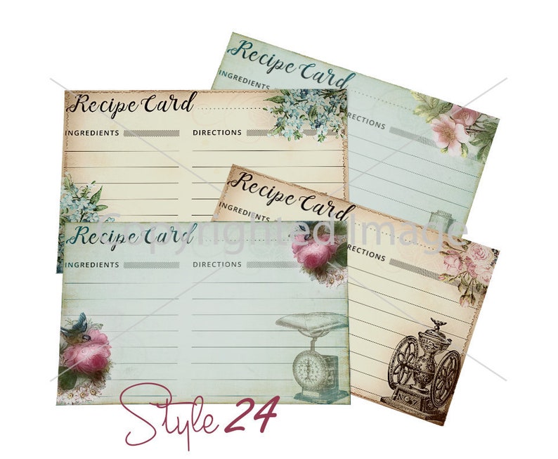 May include: Three vintage-style recipe cards with floral designs and a faded background. The cards have lines for writing ingredients and directions. The text "Recipe Card" is printed on each card. The cards are labeled "Style 24".