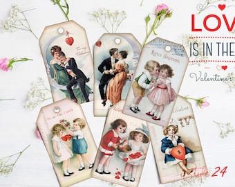 May include: Six vintage Valentine's Day gift tags with images of couples and children. The tags are decorated with hearts, flowers, and the text "Love is in the air - Valentine's Day".
