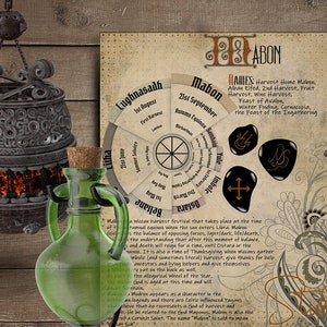 May include: A vintage-style illustration of the eight Sabbats of the Wheel of the Year, with a focus on Mabon, the second harvest festival. The illustration features a hand-drawn wheel with the names of the Sabbats in a circle, along with symbols and text describing the significance of each Sabbat. The illustration is surrounded by a decorative border.