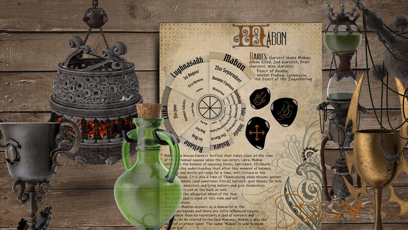 May include: A vintage-style illustration of the eight Sabbats of the Wheel of the Year, with a focus on Mabon, the second harvest festival. The illustration features a hand-drawn wheel with the names of the Sabbats in a circle, along with symbols and text describing the significance of each Sabbat. The illustration is surrounded by a decorative border.