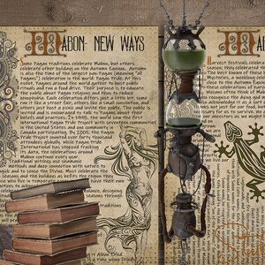 May include: Two pages of a book with a vintage aesthetic, featuring illustrations of a cauldron, a lizard, and a steampunk-style contraption. The text on the pages discusses the celebration of Mabon, a harvest festival.