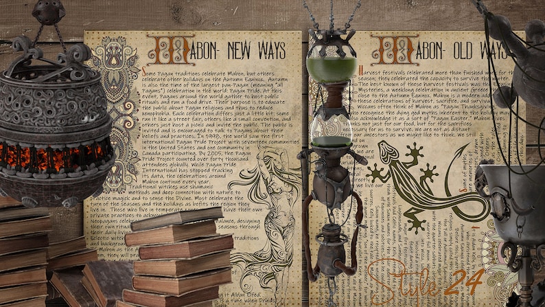 May include: Two pages of a book with a vintage aesthetic, featuring illustrations of a cauldron, a lizard, and a steampunk-style contraption. The text on the pages discusses the celebration of Mabon, a harvest festival.