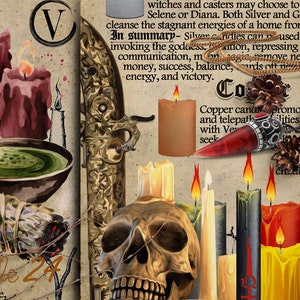 May include: A vintage illustration of a witch's altar with candles, herbs, and other magical tools. The text on the page describes the properties of copper and silver candles. The text reads "In summary - Silver candles can be used for divination, invoking the goddess, meditation, repressing unwanted powers, communication, money, success, balance, wards off negativity, removes negativity, energy, and victory. Copper candles promote intuition, psychic power and telepathic abilities. They are often used in love spells with Venus. They are also used in rituals to seek to eliminate indecisiveness and sharpen the mind. In summary - Copper candles promote personal growth, fertility in children, and wealth."