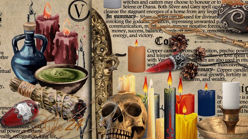 May include: A vintage illustration of a witch's altar with candles, herbs, and other magical tools. The text on the page describes the properties of copper and silver candles. The text reads "In summary - Silver candles can be used for divination, invoking the goddess, meditation, repressing unwanted powers, communication, money, success, balance, wards off negativity, removes negativity, energy, and victory. Copper candles promote intuition, psychic power and telepathic abilities. They are often used in love spells with Venus. They are also used in rituals to seek to eliminate indecisiveness and sharpen the mind. In summary - Copper candles promote personal growth, fertility in children, and wealth."