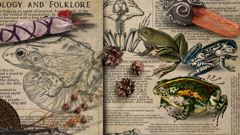 May include: An artistic collage featuring various frog illustrations, including sketches and colorful depictions. The image incorporates text about frog symbolism and folklore, with a vintage aesthetic.