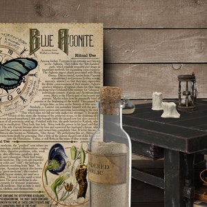 May include: A vintage, illustrated page with the text "Blue Aconite" and a drawing of a butterfly. A glass bottle with a cork stopper and a label that reads "Powdered Garlic" is on a wooden table with a skeleton, candles, and a glass flask.