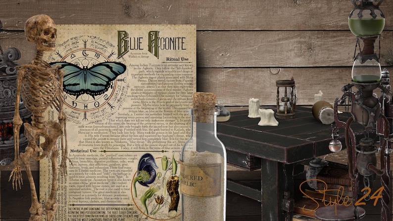May include: A vintage, illustrated page with the text "Blue Aconite" and a drawing of a butterfly. A glass bottle with a cork stopper and a label that reads "Powdered Garlic" is on a wooden table with a skeleton, candles, and a glass flask.