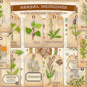 Etiquetas de boticário de ervas medicinais com informações gráficas para impressão Etiquetas de medicamentos Etiquetas Depressão download instantâneo para impressão digital Esotérico