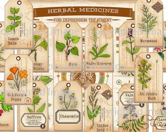 Medicinal Herbal Apothecary Labels with Info-graphic printable Medicines Labels Tags Depression instant download printable digital Esoteric