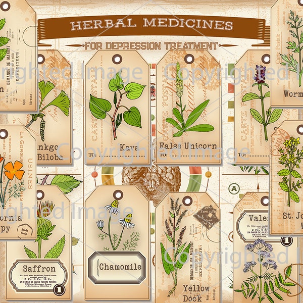 Medicinal Herbal Apothecary Labels with Info-graphic printable Medicines Labels Tags Depression instant download printable digital Esoteric