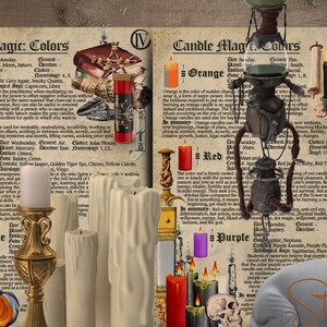 May include: A vintage style guide to candle magic, with a color chart and descriptions of the magical properties of each color. The chart includes gray, orange, red, yellow, white, and purple candles. The image also features a cat, candlesticks, and other magical objects.
