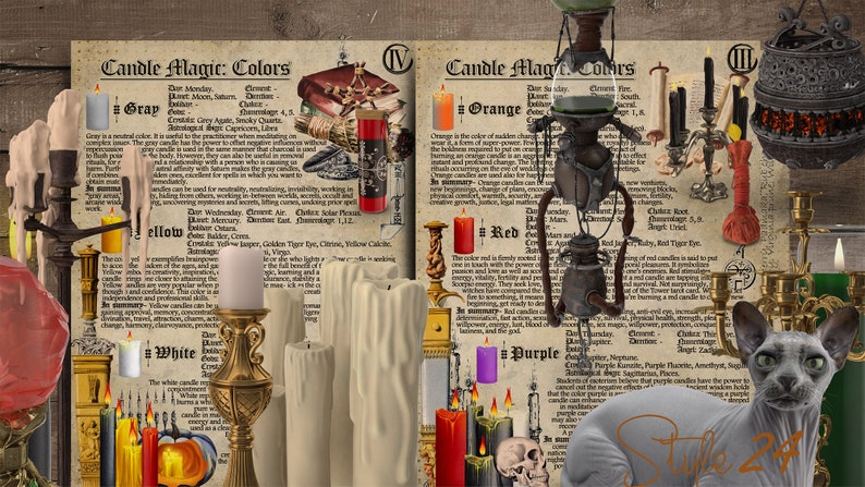 May include: A vintage style guide to candle magic, with a color chart and descriptions of the magical properties of each color. The chart includes gray, orange, red, yellow, white, and purple candles. The image also features a cat, candlesticks, and other magical objects.