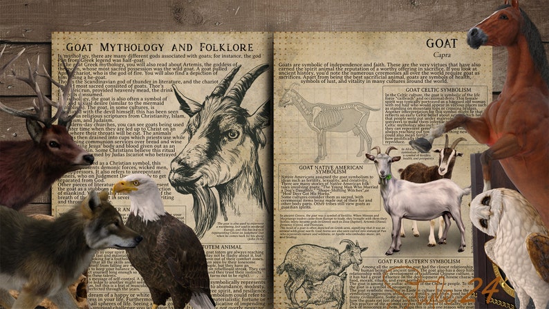 May include: An open book with text and illustrations about goat mythology and folklore. Images of a goat, deer, wolf, eagle, horse, and owl are featured. The text includes information on symbolism and cultural significance.