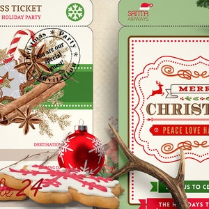 May include: A Christmas party invitation with a festive design featuring gingerbread cookies, cinnamon sticks, and a red bauble. The invitation reads "First Class Ticket" and "Destination - Holiday Party".