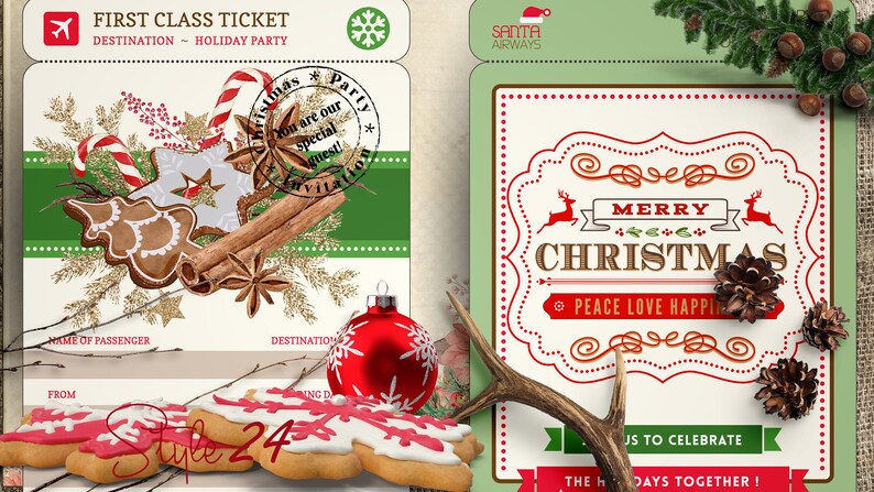 May include: A Christmas party invitation with a festive design featuring gingerbread cookies, cinnamon sticks, and a red bauble. The invitation reads "First Class Ticket" and "Destination - Holiday Party".