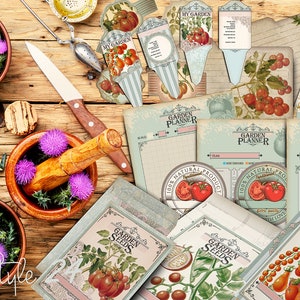 Paquete de jardín antiguo imprimible, serie de tomates, planificador de jardín, paquete de semillas vintage, marcador de plantas, tarjeta de recetas, etiqueta de frasco, material efímero botánico