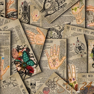 Pacchetto completo di chiromanzia, 30 pagine stampabili per Grimoire Book of Shadows, pagine di diario di stregoneria di lettura della mano, chiromanzia, chirologia, fai da te