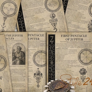 Puede incluir: Una colección de páginas de papel envejecido con ilustraciones y texto, con las palabras "Pentáculo de Júpiter" y otros títulos relacionados. Las páginas tienen una estética vintage, con dibujos y símbolos detallados.