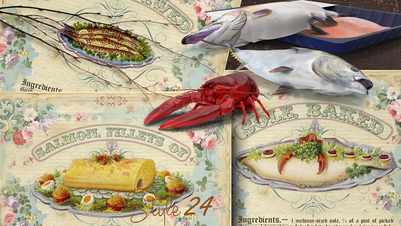 Antique Recipe Cards Digital Collage Sheet Country Kitchen Decor Journal Cards Printable Ephemera Fish Set Vintage Cookbook DIY gift