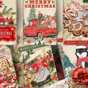 May include: A collection of vintage-style Christmas gift tags featuring illustrations of a red truck, gingerbread cookies, ice skates, and a cat wearing a Santa hat. The tags are decorated with red, green, and gold accents and have a rustic, vintage feel.